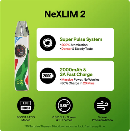 Oxva Nexlim 2 Pod Vape Kit shown on a bright green promotional graphic with feature callouts including Super Pulse System, 2000mAh fast charge, ECO BOOST, 0.85" colour screen, and 3-level precision airflow.
