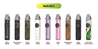 Oxva Nexlim 2 Pod Vape Kit in various colours on a white background