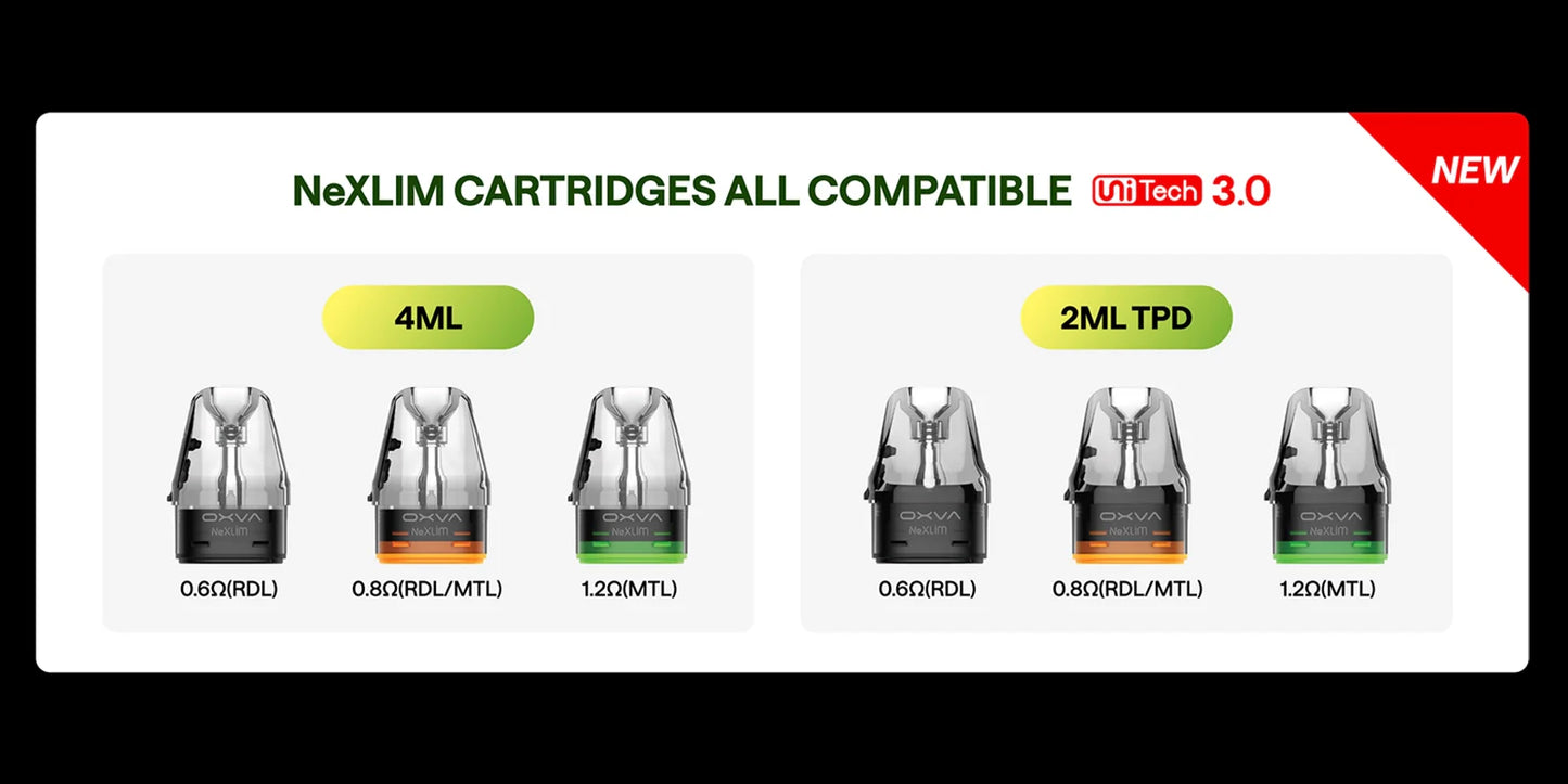 NexLIM cartridges compatibility chart with Uwell Tech 3.0 branding.
