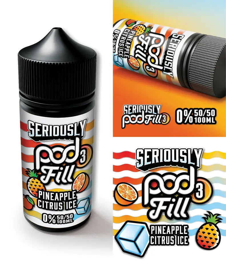 Seriously Pod Fill Pineapple Citrus Ice vape juice bottle with packaging on a white background