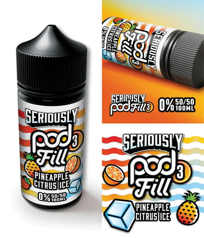 Seriously Pod Fill Pineapple Citrus Ice vape juice bottle with packaging on a white background