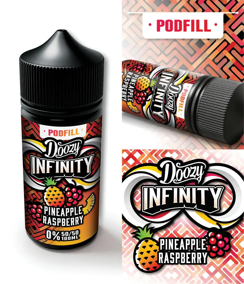 Doozy Infinity Pineapple Raspberry vape juice bottle with packaging on a white background