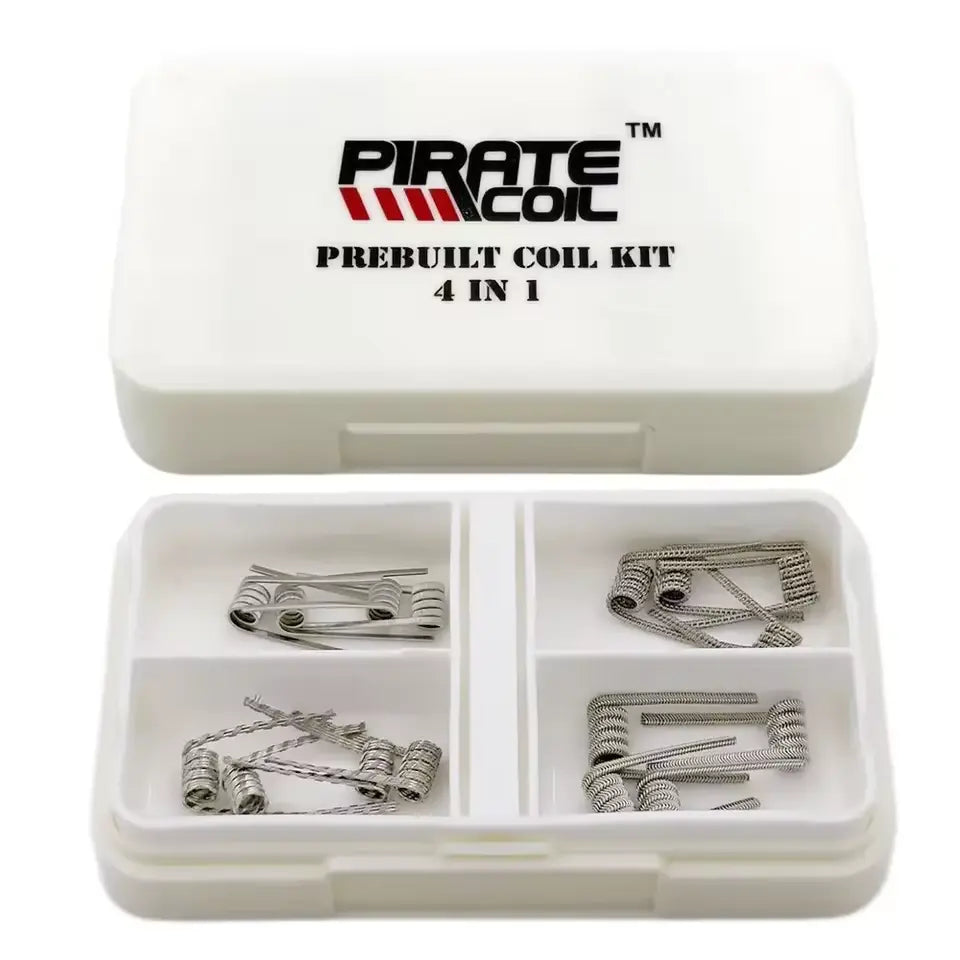 Pirate Coil prebuilt coil kit with four different coils in a clear plastic case on a white background.
