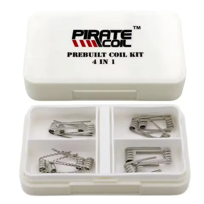 Pirate Coil prebuilt coil kit with four different coils in a clear plastic case on a white background.