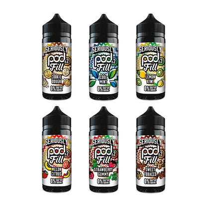 Six bottles of Seriously Pod Fill 2 e-liquid with colorful labels on a white background