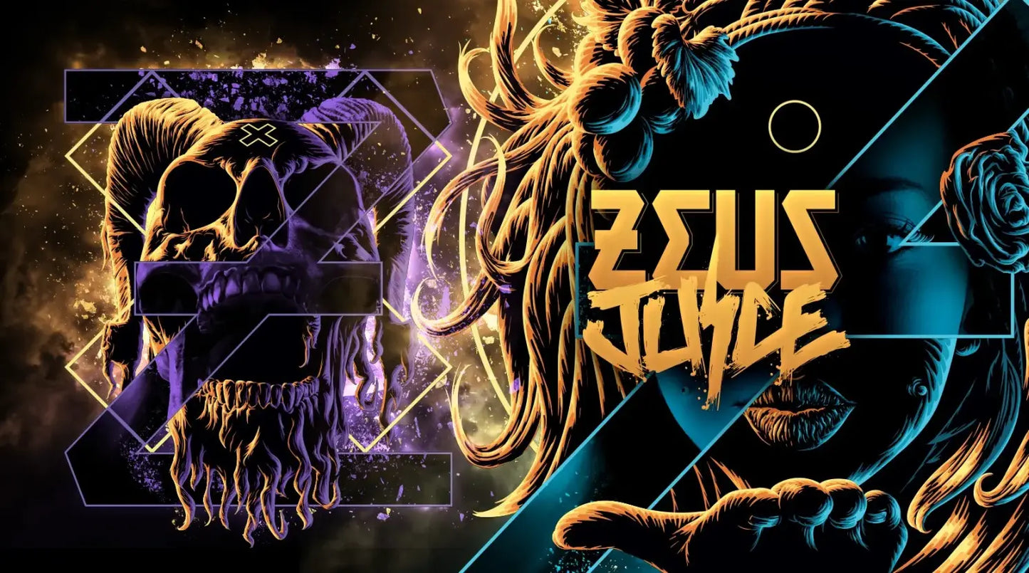 Artistic depiction of a figure with 'Zeus Juice' text, featuring gold and blue colours on a dark background.