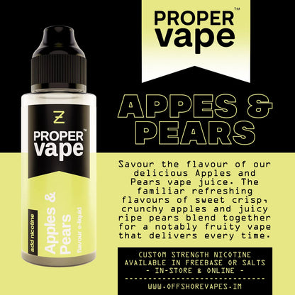 Proper Vape Apples and Pears nic salt vape juice bottle with branding and flavour description on a black and yellow background.