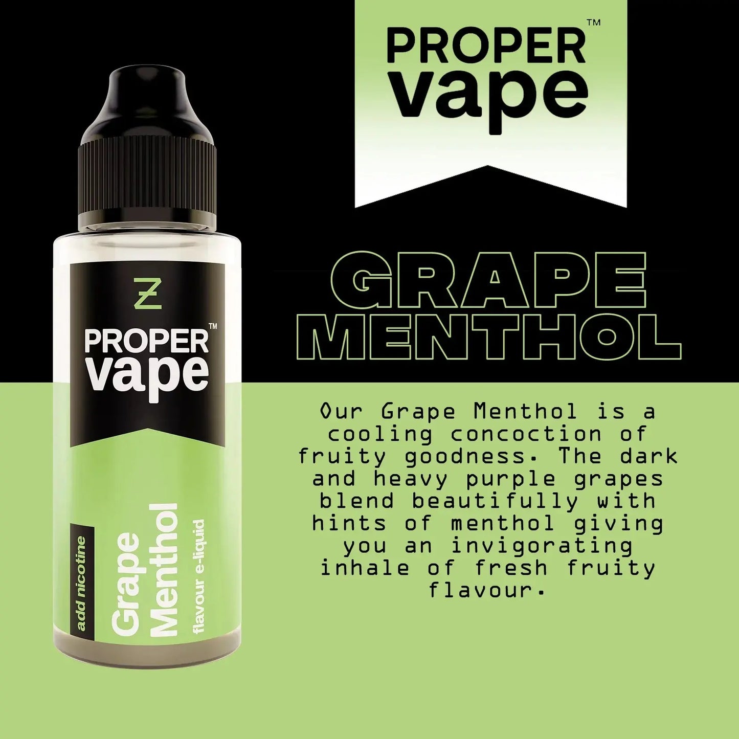 Proper Vape Grape Menthol Nic Salt e-liquid bottle with branding and product description on a green and black background