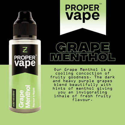 Proper Vape Grape Menthol Nic Salt e-liquid bottle with branding and product description on a green and black background