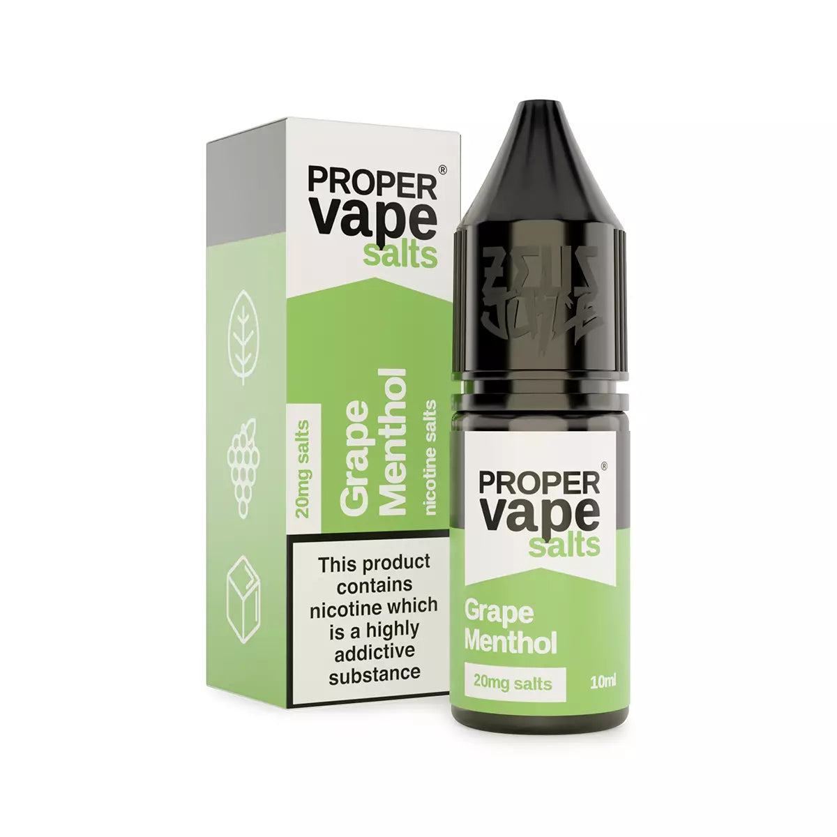 Proper Vape Salts Grape Menthol vape juice bottle and packaging on a white background