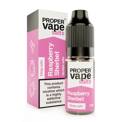 Proper Vape Raspberry Sherbet Nic Salt  bottle and packaging on a white background