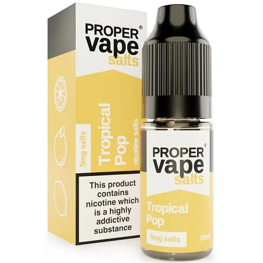 Proper Vape Tropical Pop Nic Salt e-liquid bottle and packaging on a white background