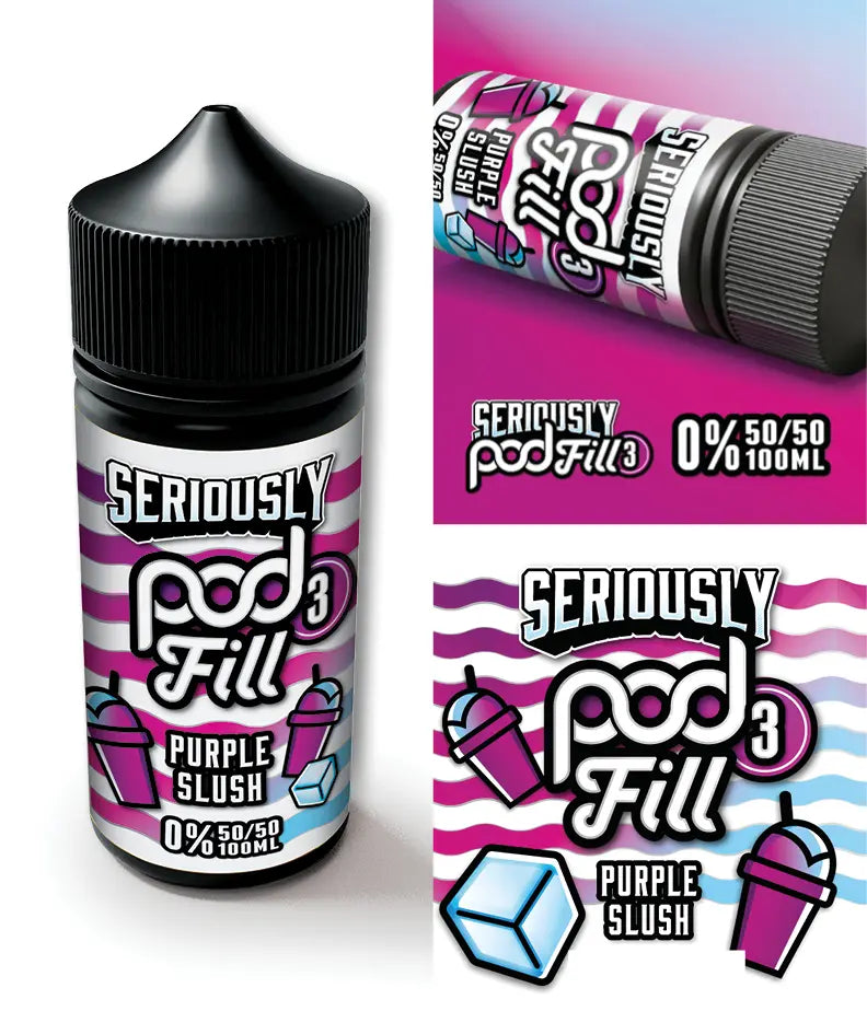 Seriously Pod Fill Purple Slush e-liquid bottle and packaging on a white background