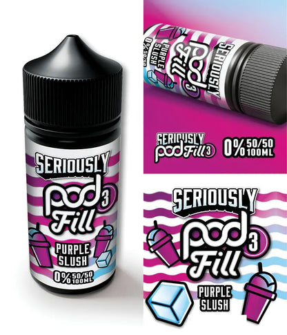 Seriously Pod Fill Purple Slush e-liquid bottle and packaging on a white background