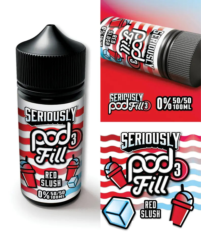Seriously Pod Fill Red Slush e-liquid bottle and packaging on a white background