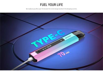 A portable vape device labeled 'TYPE-C' and 'WOWS' shown on a glowing blue circular charging pad with text reading '70 min' and 'FUEL YOUR LIFE' above it.