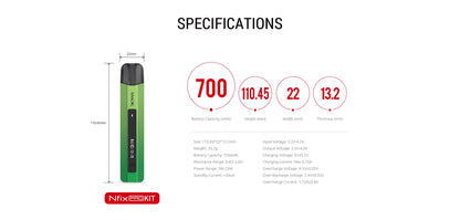 Specifications sheet for a SMOK NFIX Pro Pod Kit, showing a green and black device with dimensions on the left and key specs like battery capacity 700, weight 110.45g, and thickness 13.