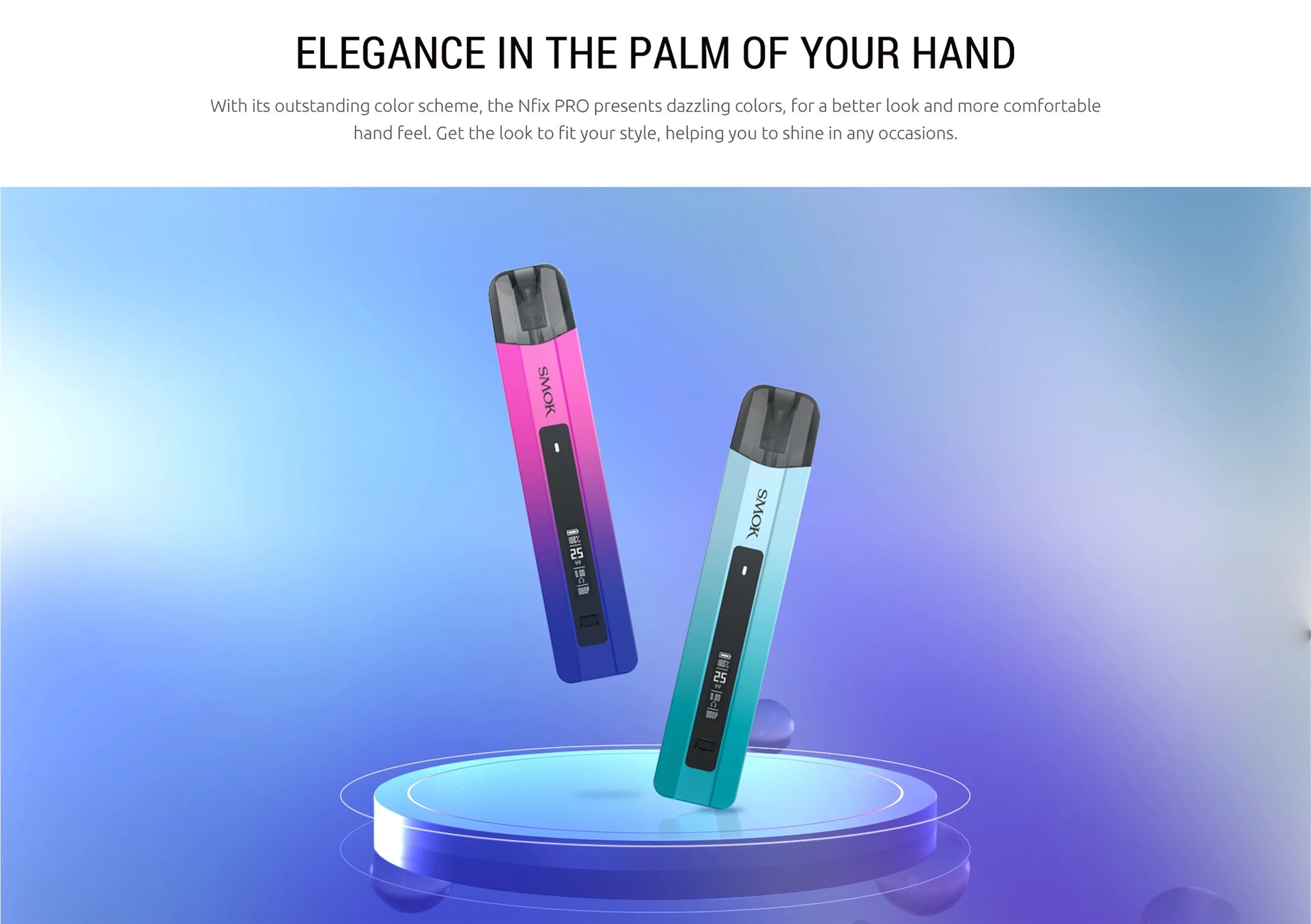 Two gradient-colored vape devices on a blue platform with promotional text.