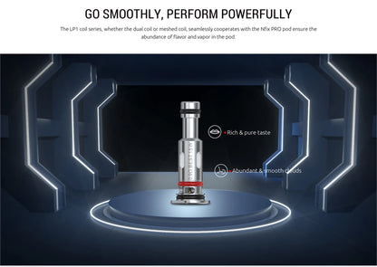 A vape pod product shown centered on a glowing circular platform with futuristic dark blue and black background graphics. Text at the top reads 'GO SMOOTHLY, PERFORM POWERFULLY,' and the pod has visible branding and a small red accent band near the base.