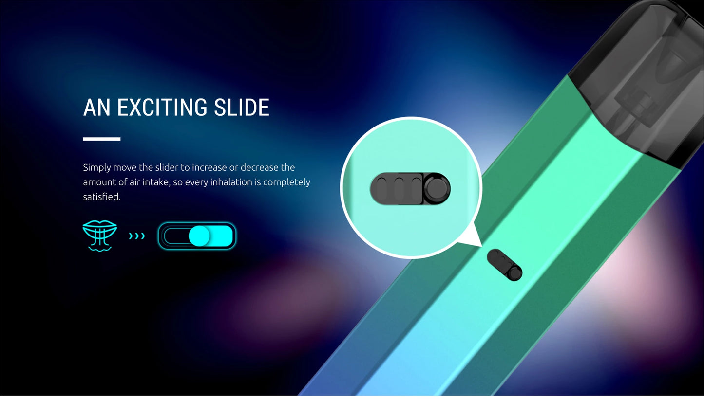 A promotional graphic for a vape device showing a teal and black device on a dark blue background with marketing text and a circular inset highlighting a sliding control.