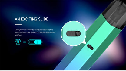 A promotional graphic for a vape device showing a teal and black device on a dark blue background with marketing text and a circular inset highlighting a sliding control.