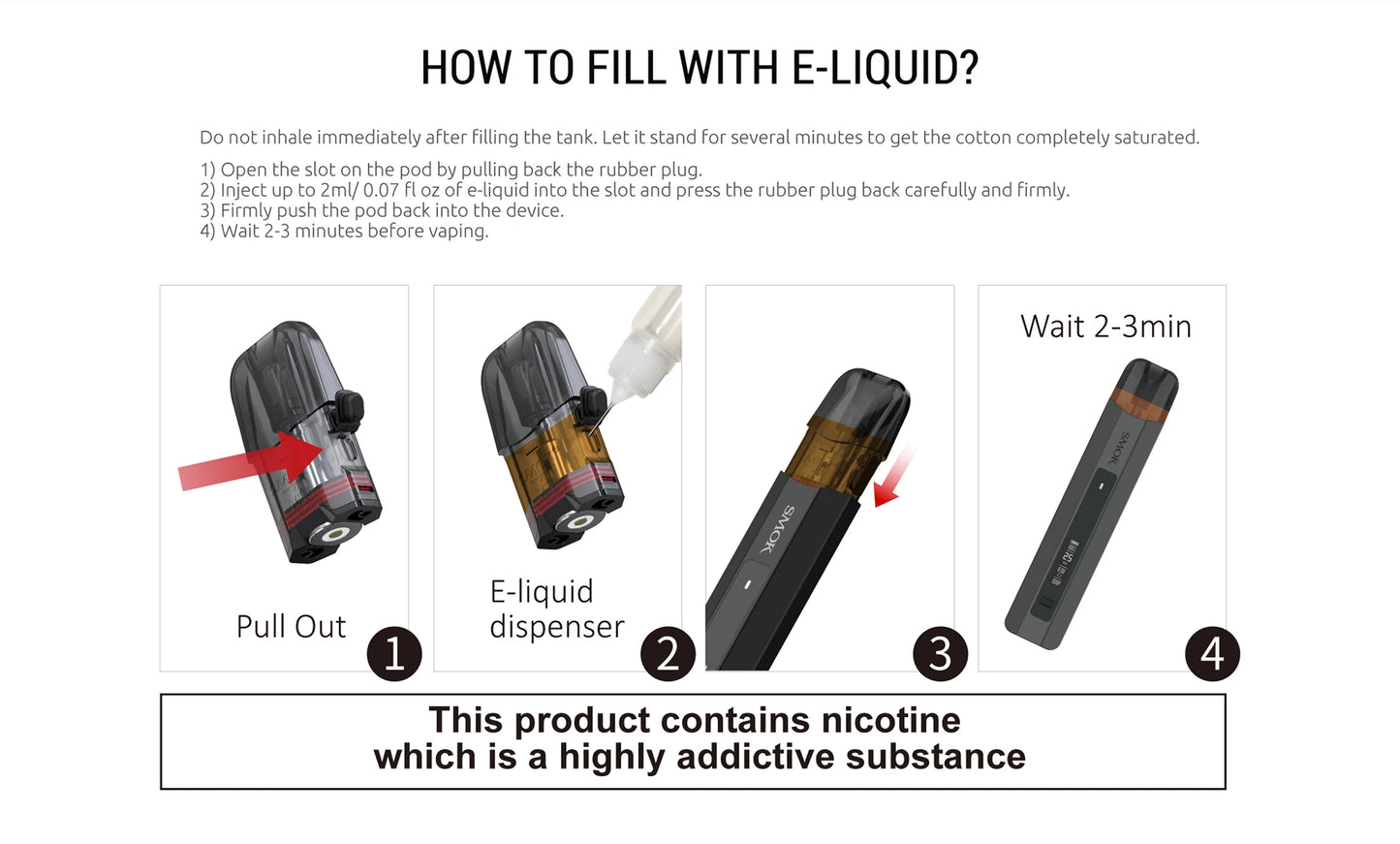 Instructions on how to fill a vape device with e-liquid, including images and text.