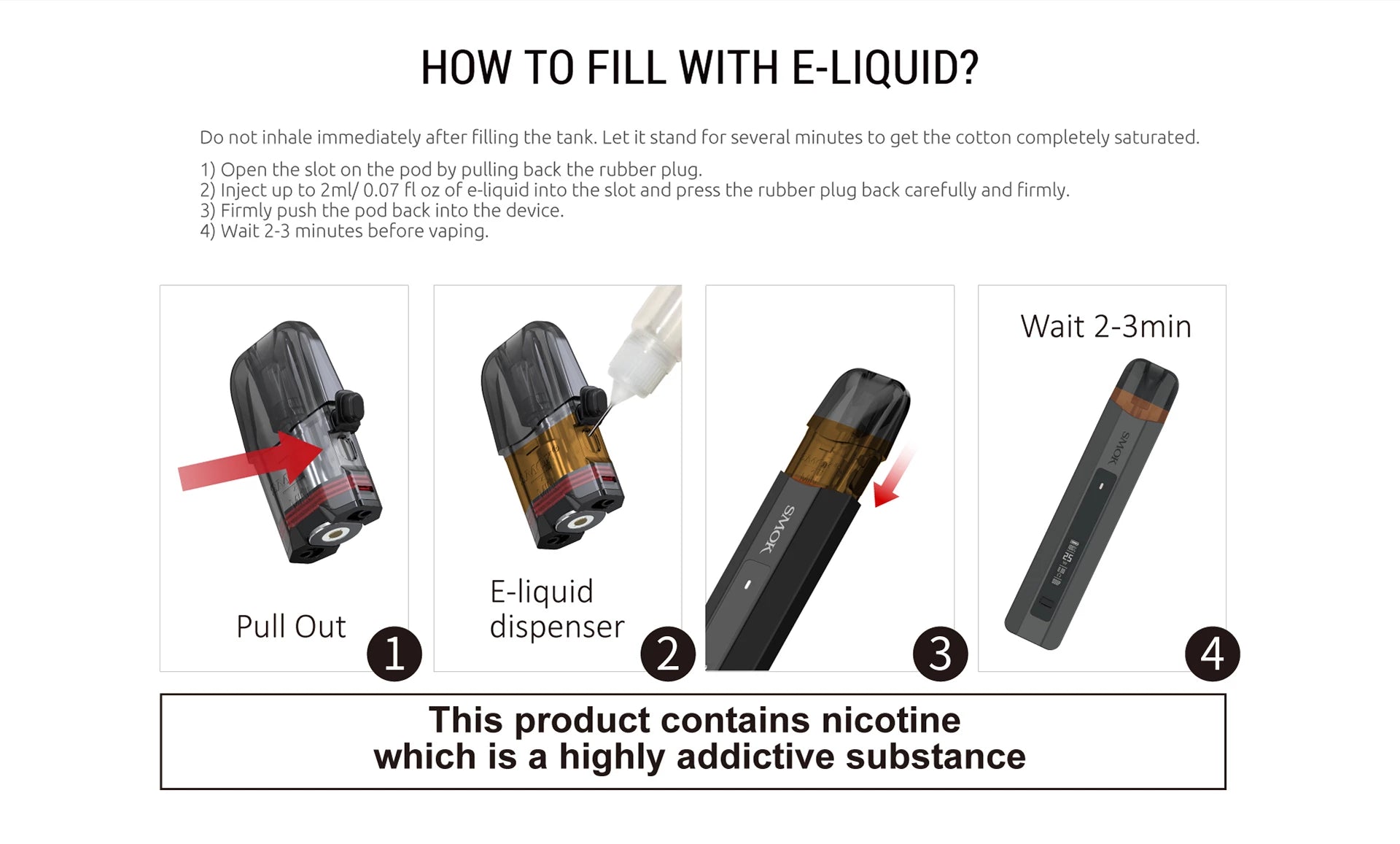 Instructions on how to fill a vape device with e-liquid, including images and text.