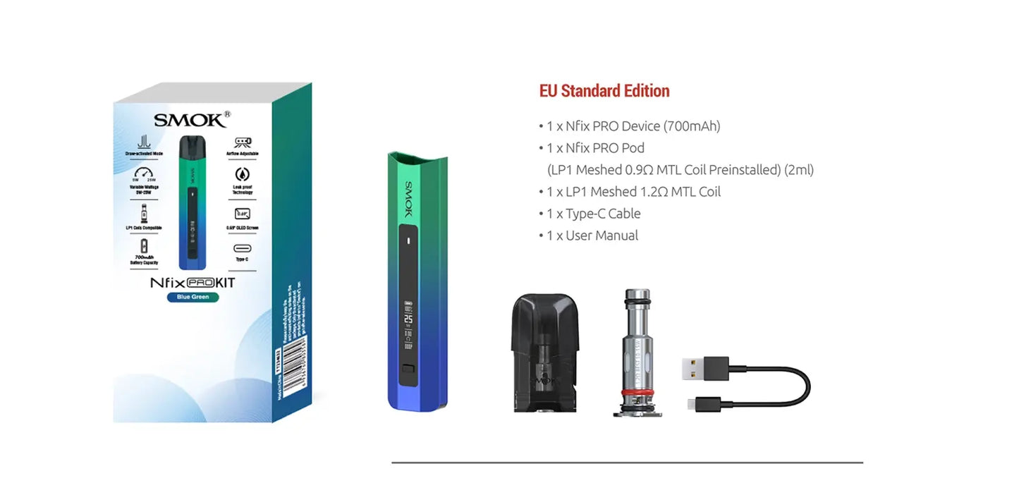 SMOK NFIX Pro Pod Kit EU Standard Edition components and packaging on a white background, including the retail box, a green-to-blue vape device, a black charging case, a coil, a USB cable, and a user manual.