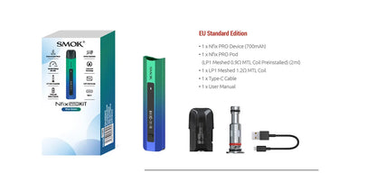 SMOK NFIX Pro Pod Kit EU Standard Edition components and packaging on a white background, including the retail box, a green-to-blue vape device, a black charging case, a coil, a USB cable, and a user manual.