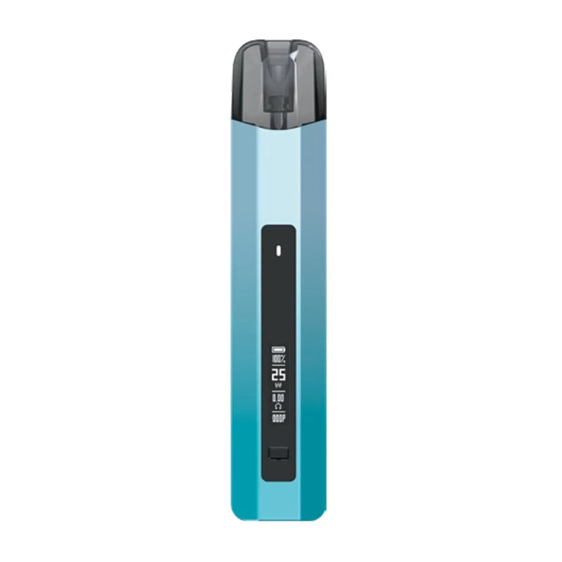 A slim, rectangular vape device with a vertical light blue to teal gradient body, a black central display panel, and a dark grey mouthpiece, shown on a plain white background.
