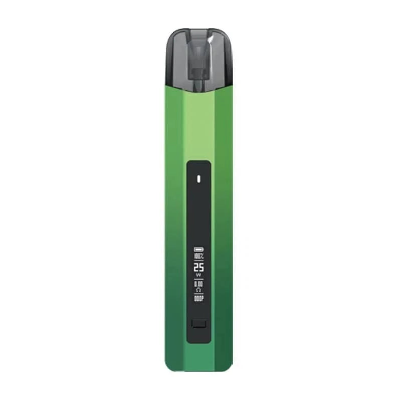 A slim green vape device with a black digital display showing '25 Watts' and '100%'. The device has a translucent dark grey mouthpiece and is shown vertically on a plain white background.