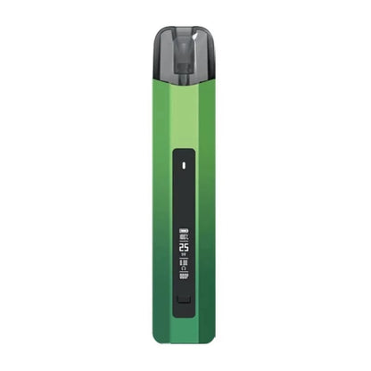 A slim green vape device with a black digital display showing '25 Watts' and '100%'. The device has a translucent dark grey mouthpiece and is shown vertically on a plain white background.