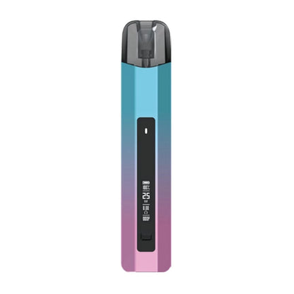 A slim rectangular vape device with a vertical blue-to-pink gradient body and a black front display panel, shown on a plain white background.