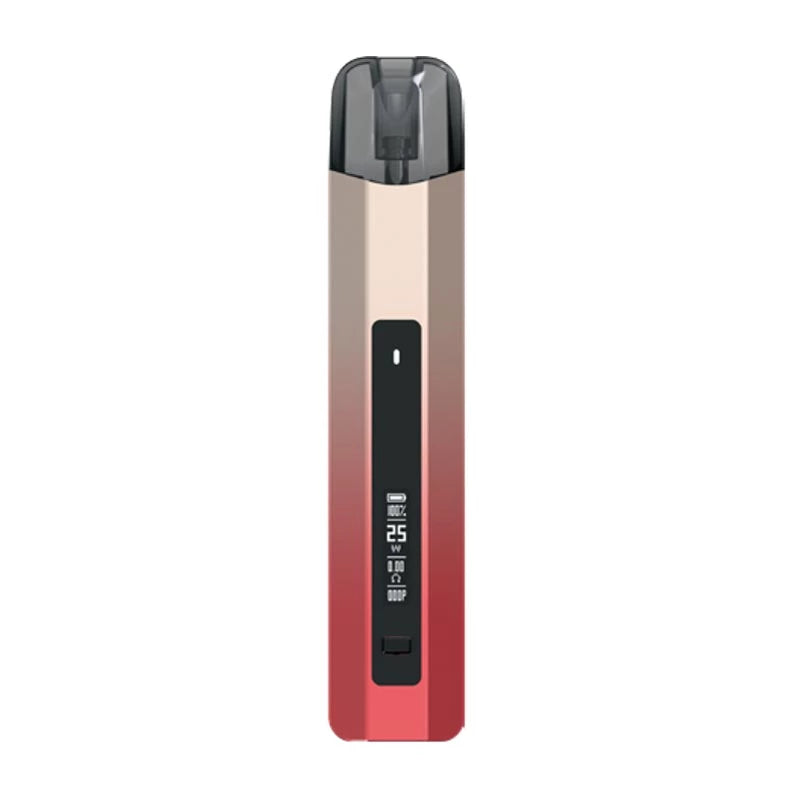 A slim rectangular vape device with a vertical gradient design transitioning from champagne gold at the top to red at the bottom, featuring a black central display panel.