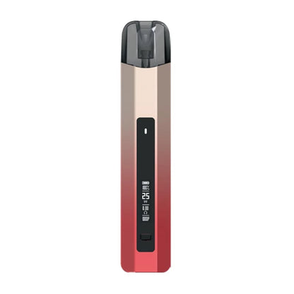 A slim rectangular vape device with a vertical gradient design transitioning from champagne gold at the top to red at the bottom, featuring a black central display panel.