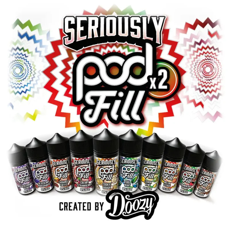 Display of Seriously Pod Fill bottles with colorful background and Doozy branding.