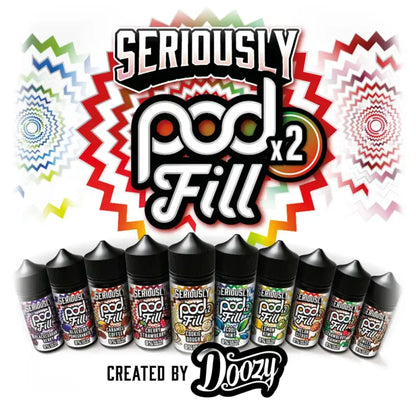 Display of Seriously Pod Fill bottles with colorful background and Doozy branding.