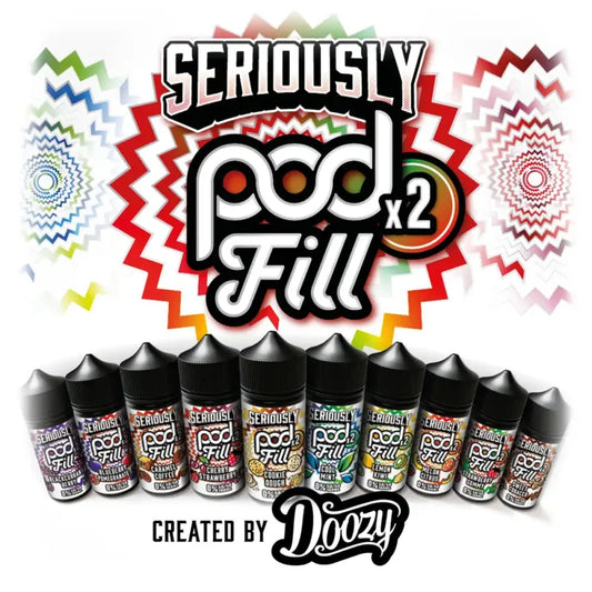 Display of Seriously Pod Fill bottles with colorful background and Doozy branding.