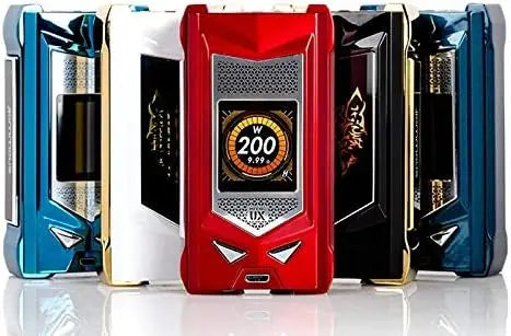 A lineup of rugged rectangular vape devices in multiple colors, with a red device centered in the foreground and five additional devices in blue, white, black, and dark blue behind it on a reflective white surface.