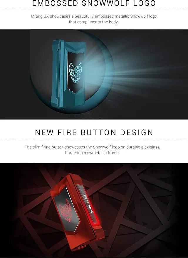 A promotional graphic showing two views of a vape device: a teal-blue version with an embossed Snowwolf logo on the side, and a red version with a fire-shaped button and Snowwolf branding, set against dark backgrounds with descriptive text above each product view.