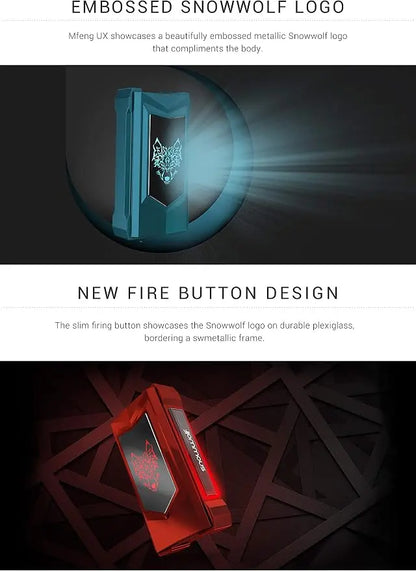 A promotional graphic showing two views of a vape device: a teal-blue version with an embossed Snowwolf logo on the side, and a red version with a fire-shaped button and Snowwolf branding, set against dark backgrounds with descriptive text above each product view.