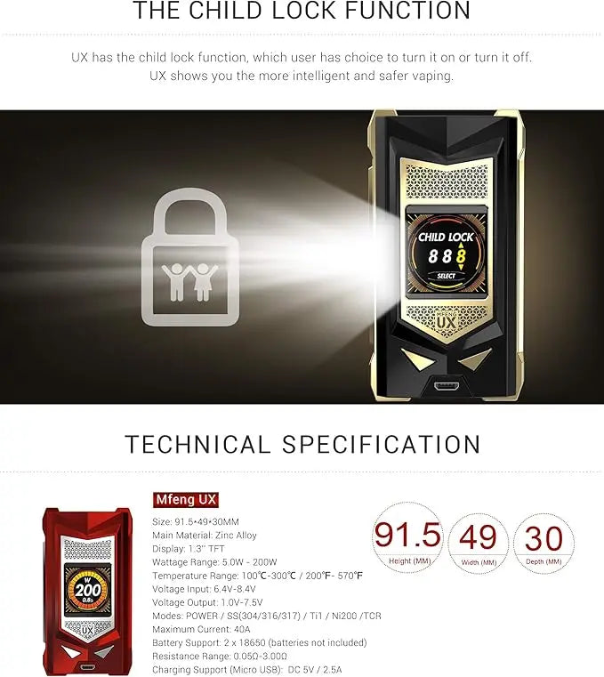 A product information graphic for the Mfeng UX vape. The top section explains the child lock function, showing a close-up of the black and gold device with a lock icon overlay.