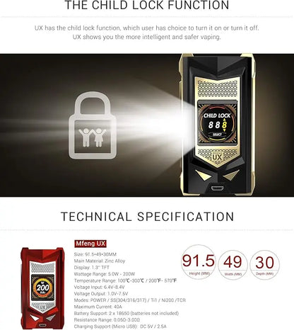 A product information graphic for the Mfeng UX vape. The top section explains the child lock function, showing a close-up of the black and gold device with a lock icon overlay.