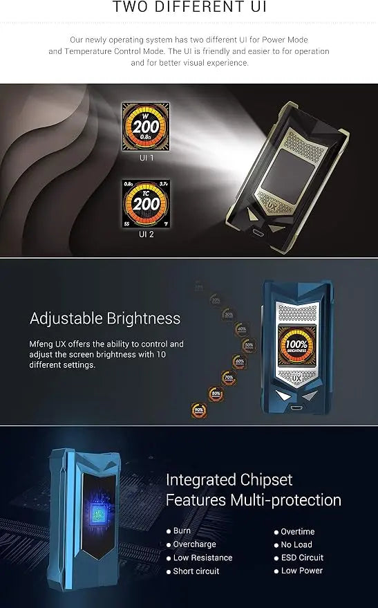 A promotional infographic Sigelei Snowwolf Mfeng UX Mod, showing three product views on a dark background with feature callouts: a mod inserted in the top section, brightness adjustment in the middle, and an integrated chipset section at the bottom.