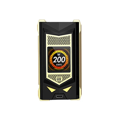 A Sigelei Snowwolf Mfeng UX Mod in Black and Gold with a digital display screen showing '200 W' and 'UX' branding, centreed on a plain white background.