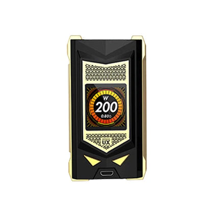 A Sigelei Snowwolf Mfeng UX Mod in Black and Gold with a digital display screen showing '200 W' and 'UX' branding, centreed on a plain white background.