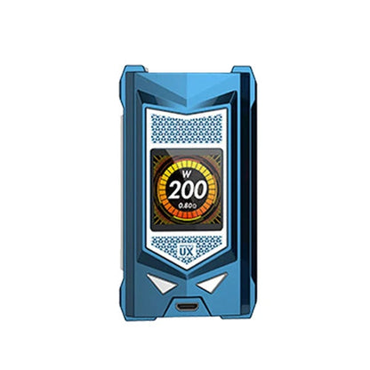 A blue and black vape device with a digital display screen showing '200 W' and 'UX' branding, isolated on a white background.