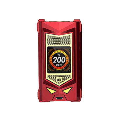 A red vape device with a gold and black digital display screen showing 'W 200' and 'UX' text, isolated on a white background.
