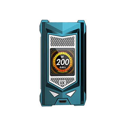 A teal and black vape device with a digital display screen showing '200 W' and '0.6g', set against a plain white background.
