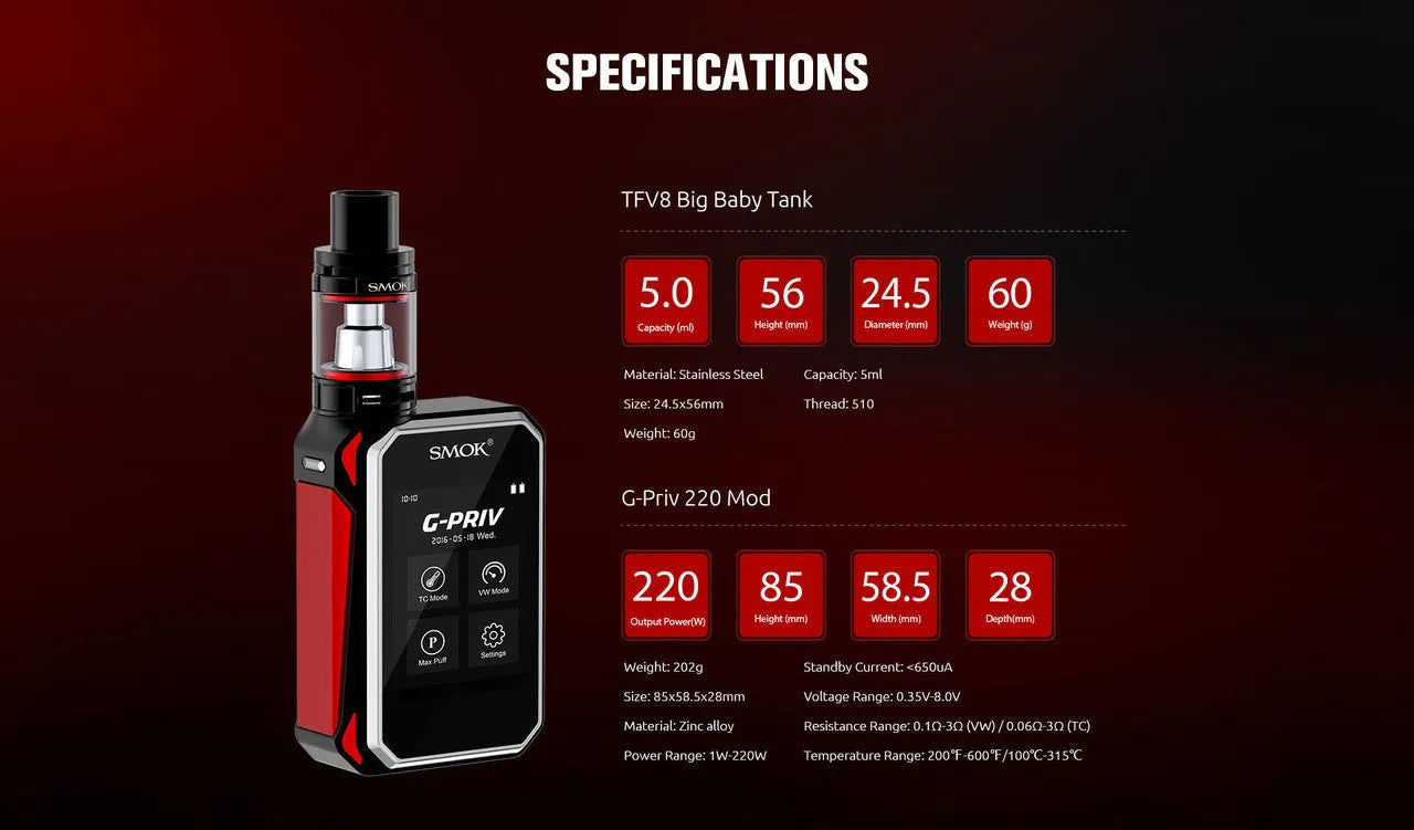 Smok G Priv 220W Vape Kit incl Free 18650 Batteries | bearsvapes.co.uk